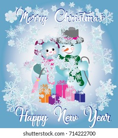 Vector greeting card for Christmas and New Year. Poster for banners. A pair of snowmen against the background of snowflakes.
