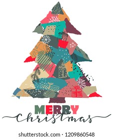 Vector greeting card with Christmas tree in patchwork collage style and hand drawn abstract texture.
