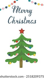Vector greeting card with Christmas tree and garlands. Vertical banner Merry Christmas. Congratulations on winter holidays. Festive tree with text.