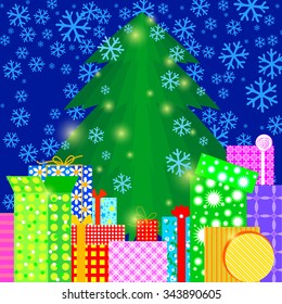 Vector greeting card with Christmas tree and gifts