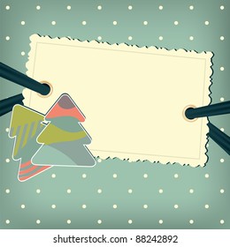 Vector greeting card with christmas trees. Polka dots background