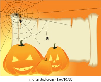 Vector greeting card with cobwebs and pumpkins to Halloween