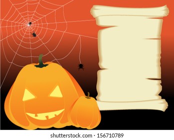 Vector greeting card with cobwebs and pumpkins to Halloween