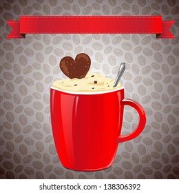 Vector greeting card with coffee mug and ribbon for your text on seamless coffee beans background