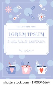 Tarjeta de saludo vectorial Diseño de café y té con tazas, tazas, Corazones y flores de color pastel para invitación, postal, afiche, pancarta
