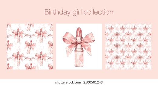 colección de tarjeta de felicitación de Vector. Diseño de patrón femenino con un lápiz labial rosa. Conjunto de acuarela de ilustraciones de lápiz labial. Decoración de la ducha del bebé, fiesta de cumpleaños. 