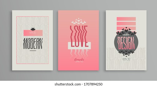 Vector greeting card collection for Valentine's Day. Set of futuristic romantic logo and wave text. Template, greeting card, invitation, banner, flyer, book design, poster, web etc.