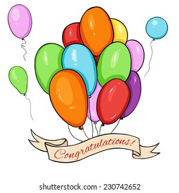 Vector Greeting Card. Color Air Balloons and Ribbon with Text - Congratulations.