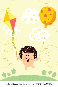 Vector greeting card with color cute hedgehog and balloon