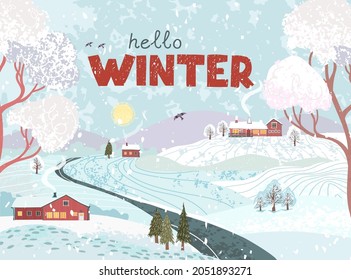 Vector greeting card with colorful illustration of nature winter landscape with a house in the Scandinavian style. Use it as poster, postcard, brochure, card, banner, graphic design