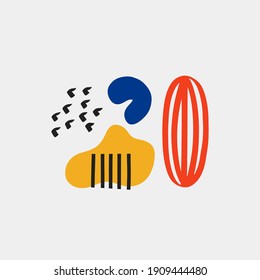 vector greeting card - composition of colored geometric shapes. Collage of elements, fragments and spots. Boho style poster. Isolated free form template.Content for social media. Text box form
