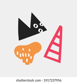 vector greeting card - composition of colored geometric shapes. Collage of elements, fragments and spots. Boho style poster. Isolated free form template.Content for social media. Text box form