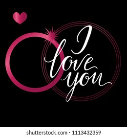 Vector greeting card. Composition with I LOVE YOU inscription and pink elements on a black background. Universal love postal