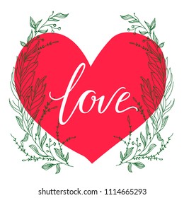 Vector greeting card. Composition with LOVE inscription on a big red heart and green broad branches on a white background. Universal love postal