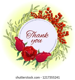 Vector greeting card. Congratulations on the day of thanksgiving. Wreath with roses, leaves and berries. All elements are isolated