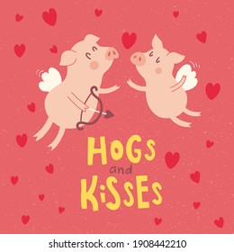 Vektor Grußkarte, Engel-Schweine und Hog und küsst Schriftzeichen, Hog ist ein Pun, es bedeutet ein Schwein und gleichzeitig eine Umarmung