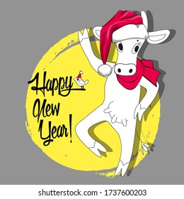 Vector greeting card with cow santa claus. Postcard for your greeting text or invitation