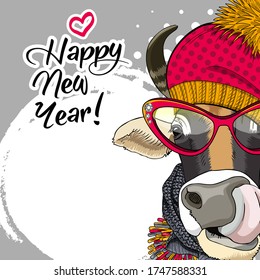 Vector greeting card with cow. Santa cow with glasses and santa hat. Postcard for your greeting text or invitation. Happy New Year.