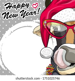 Vector greeting card with cow santa claus. Postcard for your greeting text or invitation. Happy New Year!