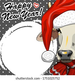 Vector greeting card with cow santa claus. Postcard for your greeting text or invitation. Happy New Year!