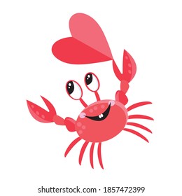 Vector greeting card with a crab in love and a heart on a white background. Festive Valentine's day for all lovers.