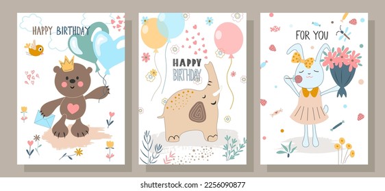 Vector greeting card with cute animals in a simple design, teddy bear,elephant,bunny,balloons.Perfect for children's greeting card design, T-shirt print