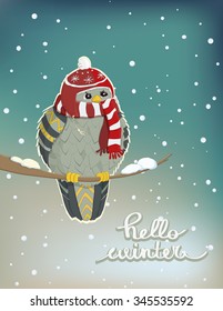 vector greeting card with a cute bird wearing a scarf, hat and text hello winter