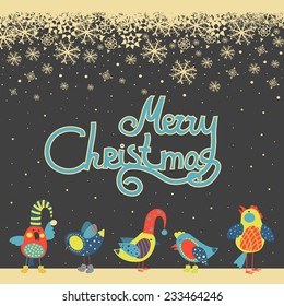 Vector greeting card, cute birds celebrating Christmas
