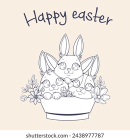 Vector greeting card with cute bunnies in nice pastel colors and Happy Easter. A versatile illustration suitable for printing or coloring. There is space for your unique text here.