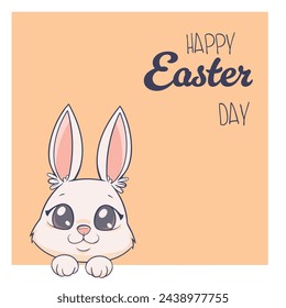 Vector greeting card with a cute bunny in nice pastel colors and Happy Easter. A versatile illustration suitable for printing and posting online. There is space for your unique text here.