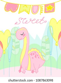 vector greeting card with cute cartoon baby dinosaur, flag, leaves, bubbles