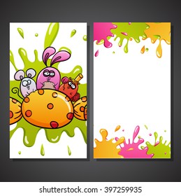 Vector Greeting Card with cute cartoon rabbit, mouse and beaver.