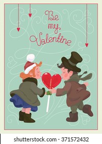 Vector Greeting card with cute couple in vintage style - Be My Valentine