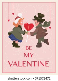 Vector Greeting card with cute couple in vintage style - Be My Valentine