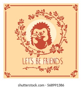 Vector greeting card with cute hedgehog and apple. Birthday greeting card design. Can be used also as background, poster, banner, cover, and more