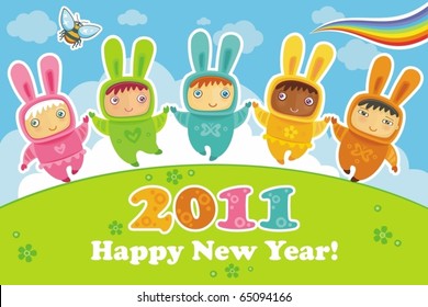 Vector greeting card: cute little babies dressed as Bunnies. Rabbit is a symbol of 2011.