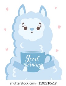 Vector greeting card with cute llama with mug. Poster with adorable object on background, pastel colors. Valentine's day, anniversary, save the date, baby shower, bridal, birthday
