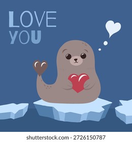 Tarjeta de felicitación de Vector con un lindo e ingenuo león marino con un corazón y letras. Te amo. Tarjeta de San Valentín. Estilo plano dibujado a mano.