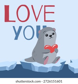 Tarjeta de felicitación de Vector con una nutria linda e ingenua abrazando un corazón y letras. Te amo. Tarjeta de San Valentín. Estilo plano dibujado a mano.