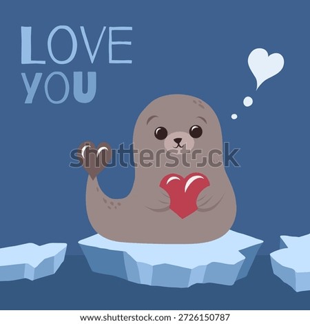 Vector greeting card with a cute, naive sea lion with a heart and lettering. I love you. Valentines Day card. Hand drawn flat style.