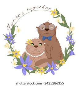 Vector greeting card with cute otter couple in the round frame with flowers on white background. Invitation design for anniversary, valentine's day with text.