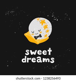 Vector greeting card with a cute planet sleep on a pillow and inspirational phrase - sweet dreams isolated on dark. Perfect for child room decor