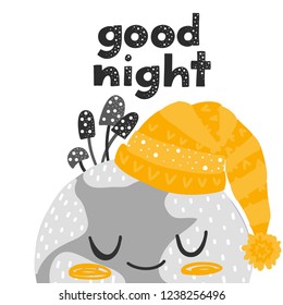 Vector greeting card with a cute planet in the hat and inspirational phrase - good night isolated on white. Perfect for child room decor