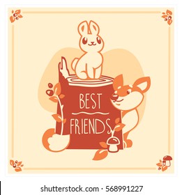 Vector greeting card with cute rabbit and fox. Birthday greeting card design. Can be used also as background, poster, banner, cover, and more