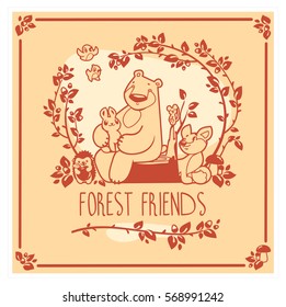 Vector greeting card with cute rabbit, bird, hedgehog, mouse, fox and bear. Birthday greeting card design. Can be used also as background, poster, banner, cover, and more