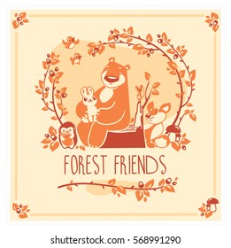 Vector greeting card with cute rabbit, bird, hedgehog, mouse, fox and bear. Birthday greeting card design. Can be used also as background, poster, banner, cover, and more