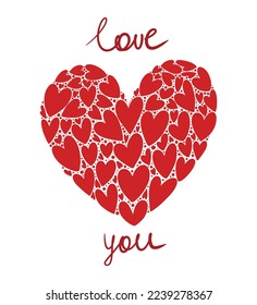 Vector greeting card with cute red hearts and hand drawn lettering love you isolated on white background. Original postcard for Valentine's Day