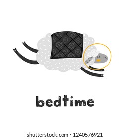 Vector greeting card with a cute sheep and inspirational phrase -bedtime isolated on white. Perfect for child room decor