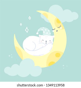 Vector greeting card, cute sleeping kitten on a moon illustration