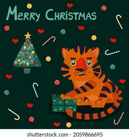 Vector greeting card with cute tiger picture with gift box, tree, caramel and hearts. Background for cards, posters, invitations and stationery.